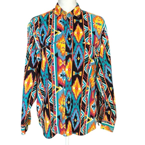 Vtg 90's WRANGLER Auth Western Apparel Button Up Cotton Southwest Aztec L - Picture 1 of 9